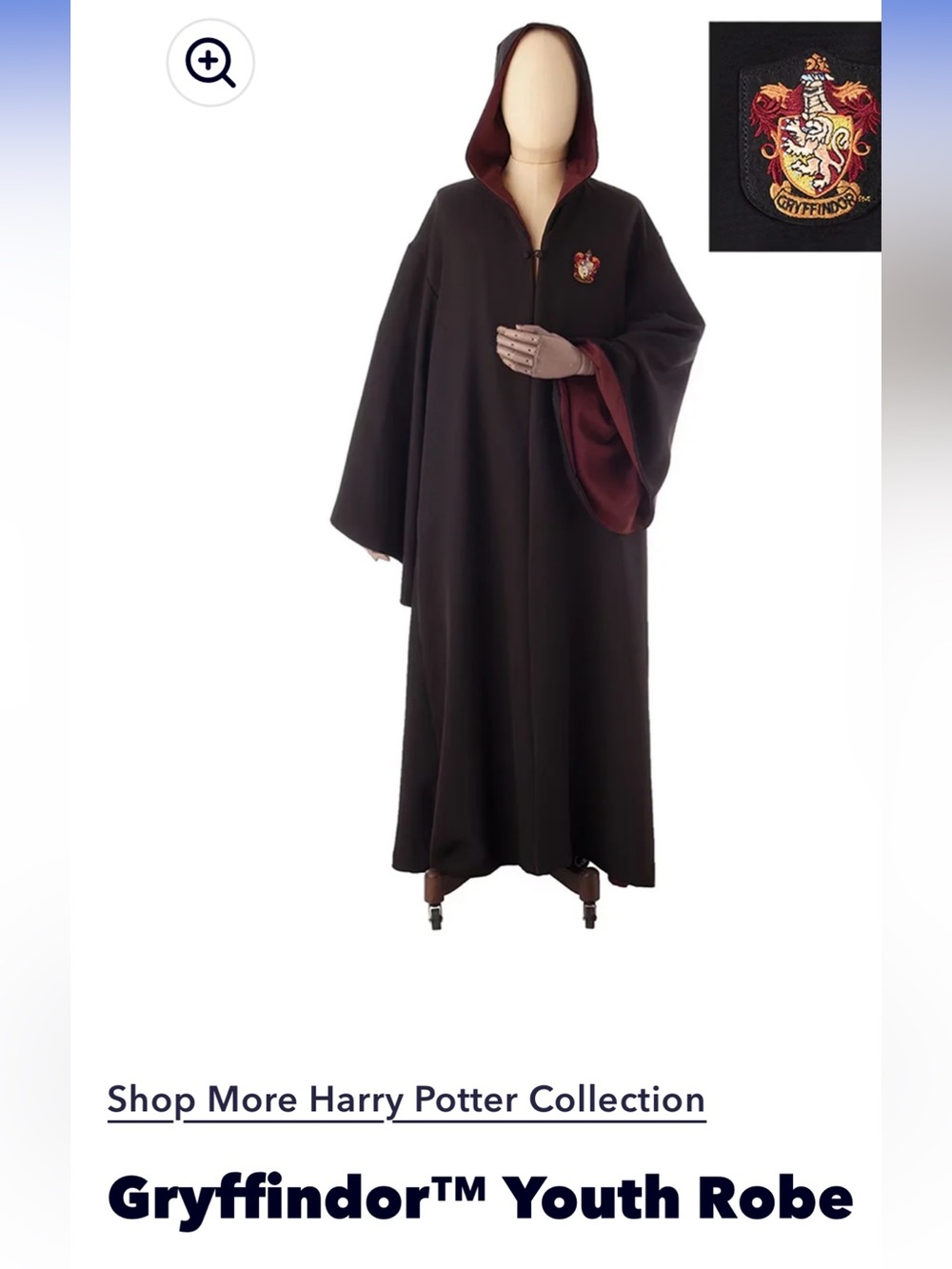 Warner Bros. Hooded Gryffindor Robe in Black with Burgundy Lining